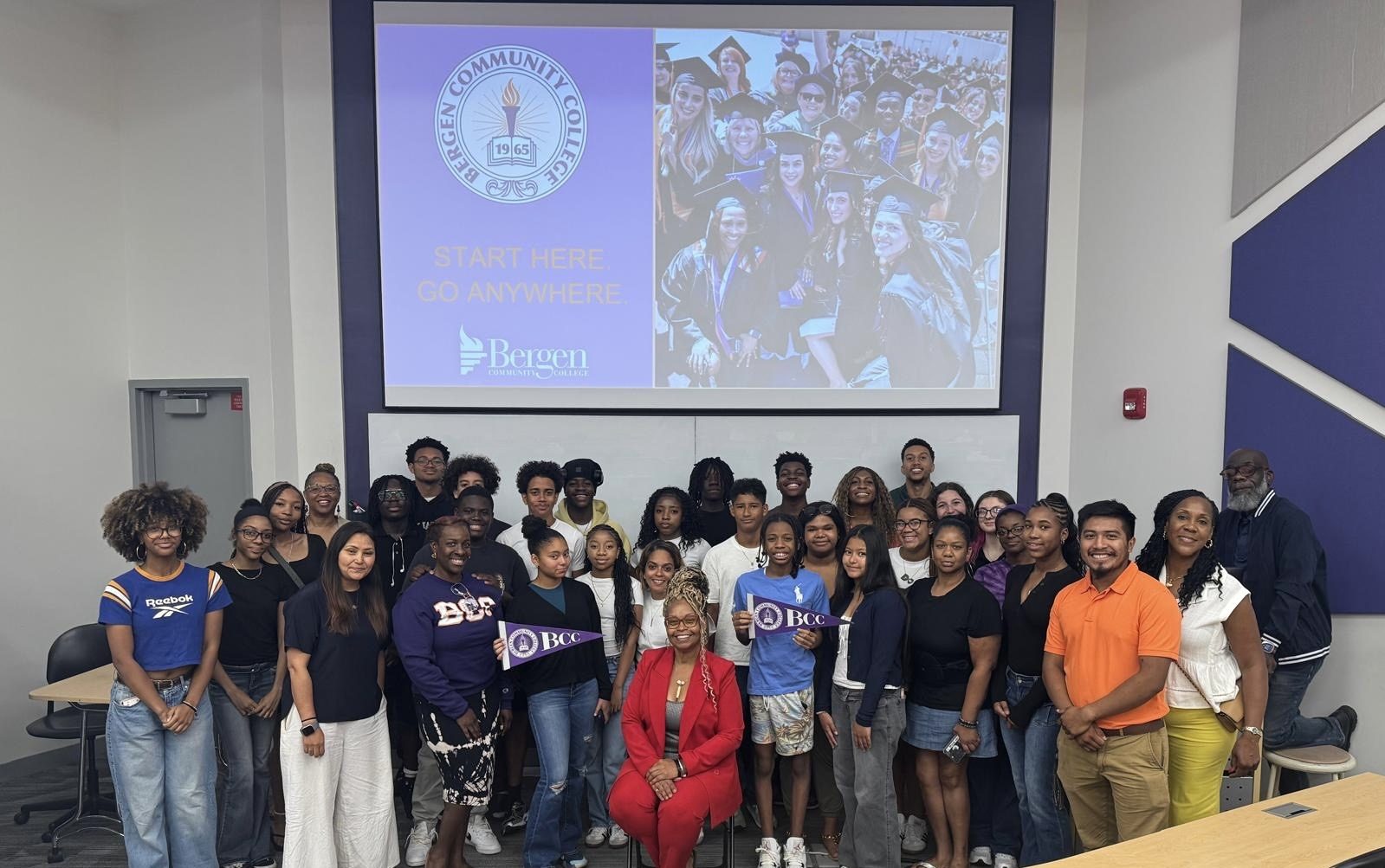 Junior Jumpstart students, families, and Rhona Vega at the Summer 2025 graduation at Bergen Community College
