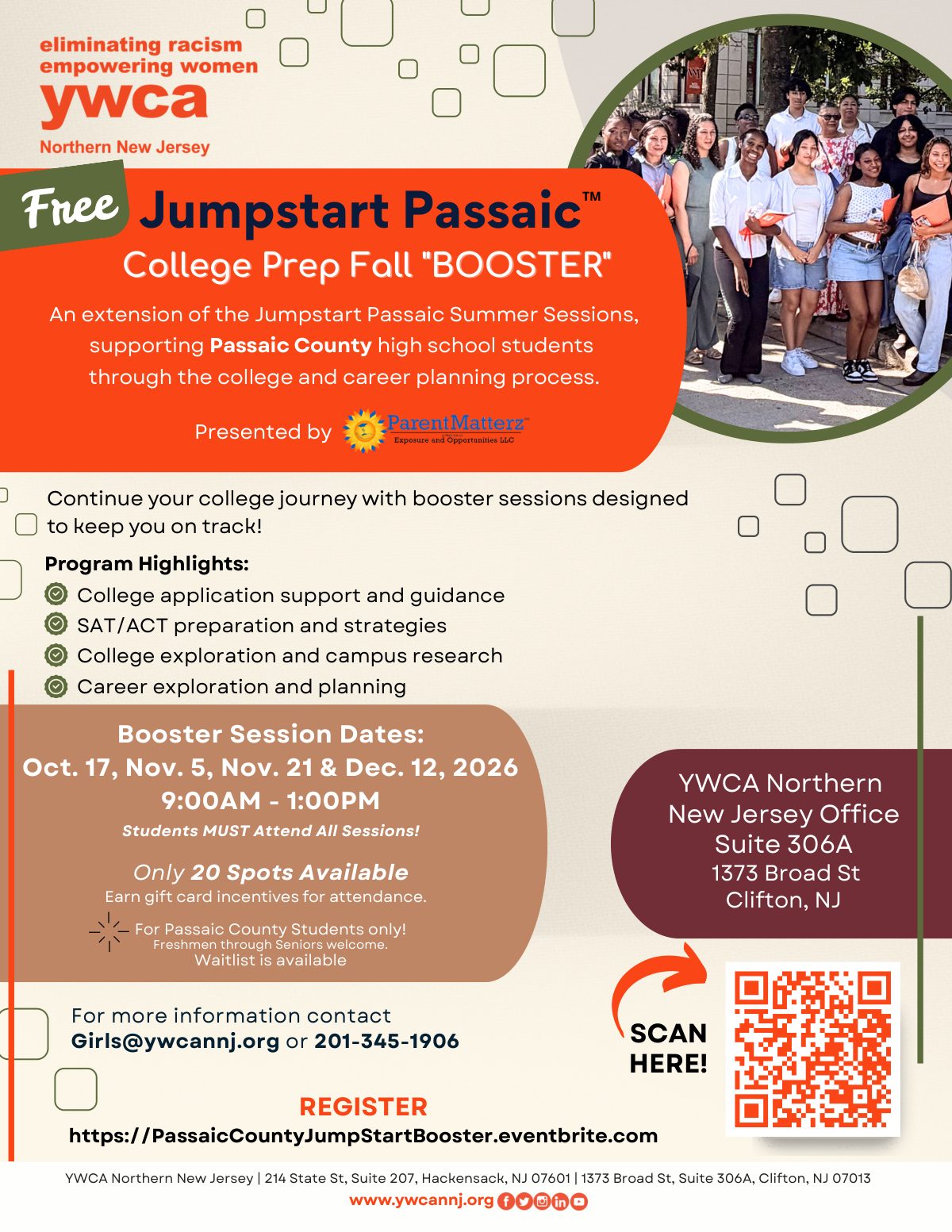 Flyer for the free Jumpstart Passaic Fall Booster, October 17, November 5, November 21, and December 12, 2026